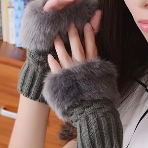 Dark Gray Short Plush Knit Gloves, Thick Warm Fingerless Gloves, Autumn